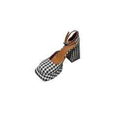 Checkered Plaid Block Heel Sandals