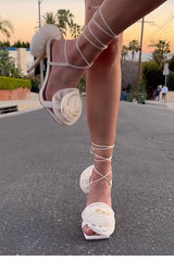 Flower Lace Up Mid Heel Sandals