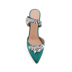 Diamante Strap Satin High Heel Mules Sandals