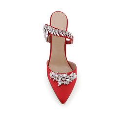 Diamante Strap Satin High Heel Mules Sandals