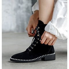 Lace Up Suede Biker Ankle Boots