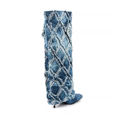 Diamante Denim Knee High Boots
