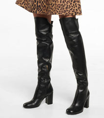 Block Heel Leather Knee High Boots