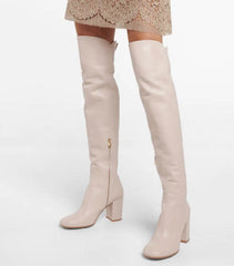 Block Heel Leather Knee High Boots
