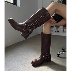 Buckled Leather Knee High Boots