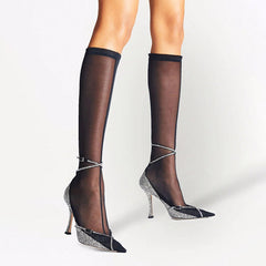 Diamante Stiletto Heel Mesh Knee High Boots
