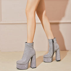 Diamante Block Heel Platform Ankle Boots