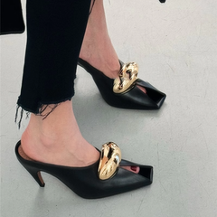 Metal Embellished Peep Toe Mules Sandals