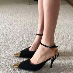 Metal Plated Chain Embellished High Heel Sandals -