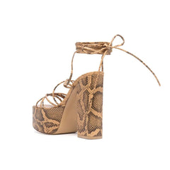 Printed Lace Up Leather High Heel Platform Sandals