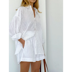 Striped Long Sleeves Shirt And Mini Shorts