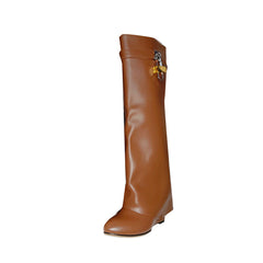 Lock Detailed Leather Wedged Heel Knee High Boots