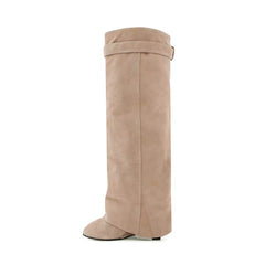 Lock Detailed Suede Wedged Heel Knee High Boots