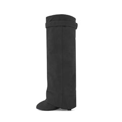 Lock Detailed Suede Wedged Heel Knee High Boots