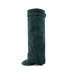 Lock Detailed Suede Wedged Heel Knee High Boots