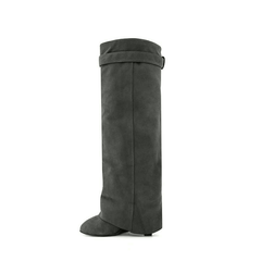 Lock Detailed Suede Wedged Heel Knee High Boots