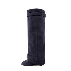 Lock Detailed Suede Wedged Heel Knee High Boots