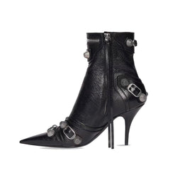 Studded And Buckled Leather Ankle Boots