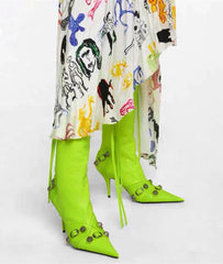 Studded And Buckled Leather Knee High Boots