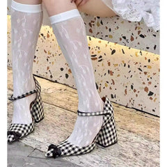 Checkered Plaid Block Heel Sandals