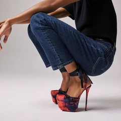 Printed Lace Up High Heel Platform Sandals