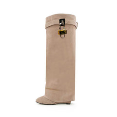Lock Detailed Suede Wedged Heel Knee High Boots