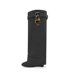 Lock Detailed Suede Wedged Heel Knee High Boots