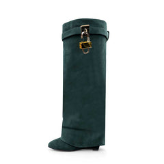 Lock Detailed Suede Wedged Heel Knee High Boots