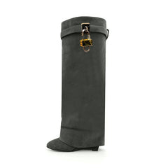 Lock Detailed Suede Wedged Heel Knee High Boots