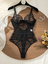 Black Lace Bodysuit with Floral Embroidery Sexy High-Waist Triangle Panties