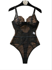 Black Lace Bodysuit with Floral Embroidery Sexy High-Waist Triangle Panties