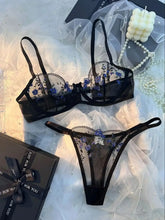 Ladies Classic Black Blue Floral Print Ultra-Thin Bra