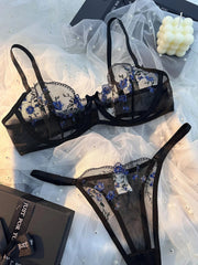 Ladies Classic Black Blue Floral Print Ultra-Thin Bra