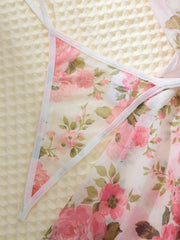 Ladies Pink Cute Floral Semi-Transparent Sleepwear with Lace Design Elegant Comfortable Girlhood Style Nightgown