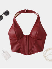 Pure Color Fishbone Shapewear Top Women's PU Leather Neck Buttoned Vest Market Style Underwear