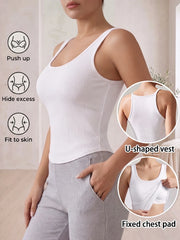 Summer Solid Color Women Ribbed Tank Top Wireless Padded Racerback Camisole Elastic Seamless Top for Yoga Sports Daily Wear