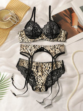 Women's sexy embroidered lace set three piece leopard print fun breathable Thong