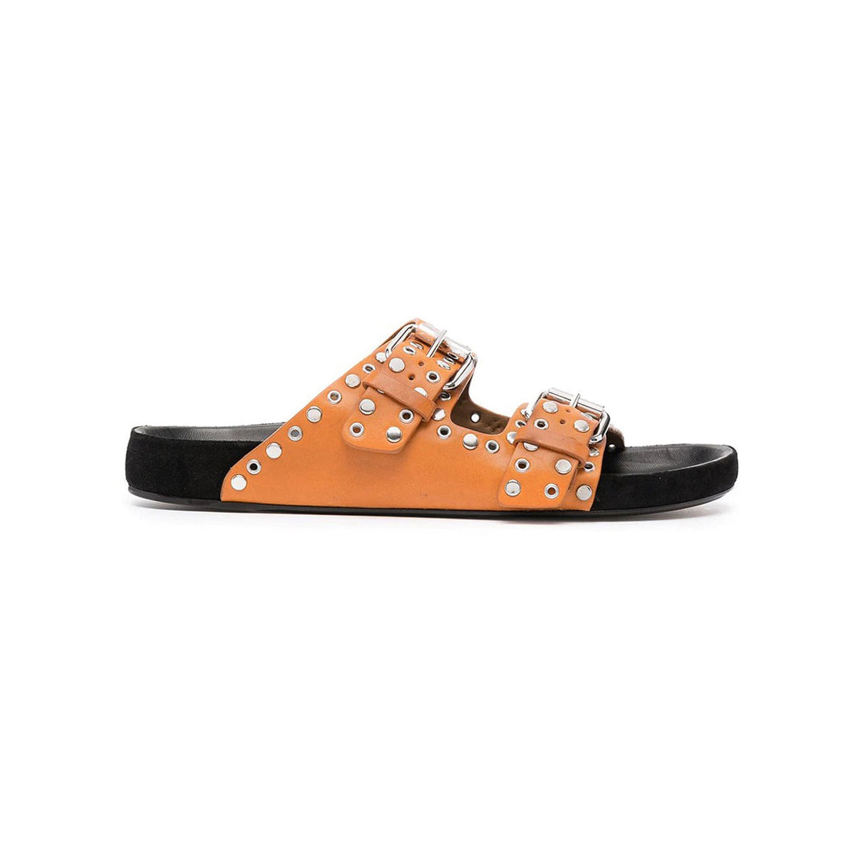 Buckled Studded Leather Flat Slippers Slides