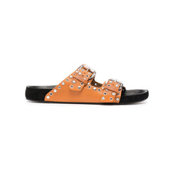 Buckled Studded Leather Flat Slippers Slides