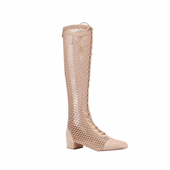 Lace Up Fishnet Suede Knee High Summer Boots