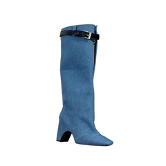 Buckled Denim Knee High Boots