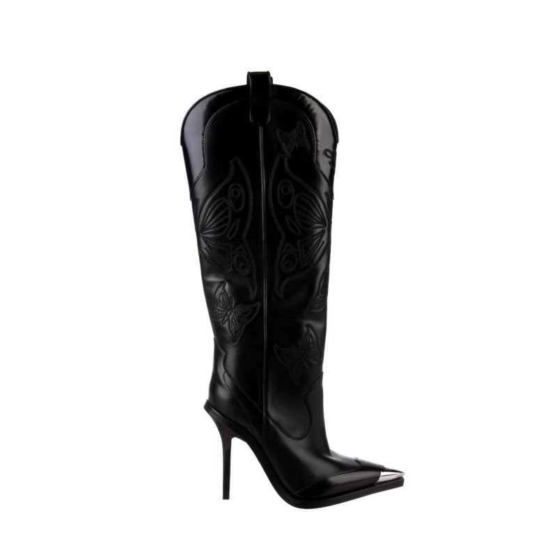 Metal Plated Stiletto Heel Knee High Boots