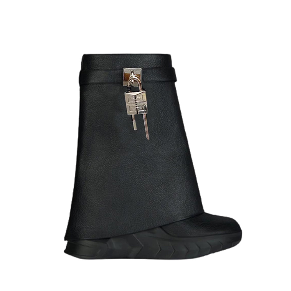 Lock Detailed Wedged Heel Leather Ankle Boots