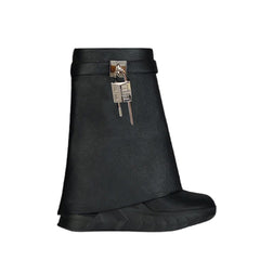 Lock Detailed Wedged Heel Leather Ankle Boots