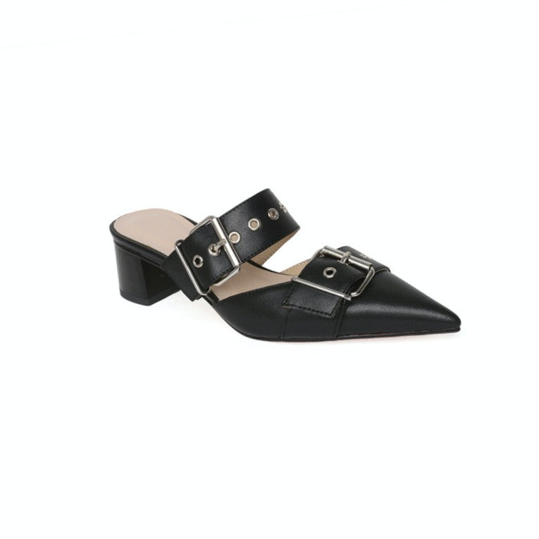 Buckled Block Heel Mules Sandals