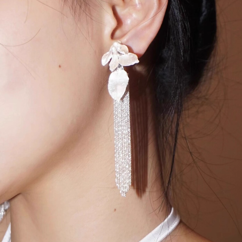 Leaf And Diamante Fringed Earrings - Pair