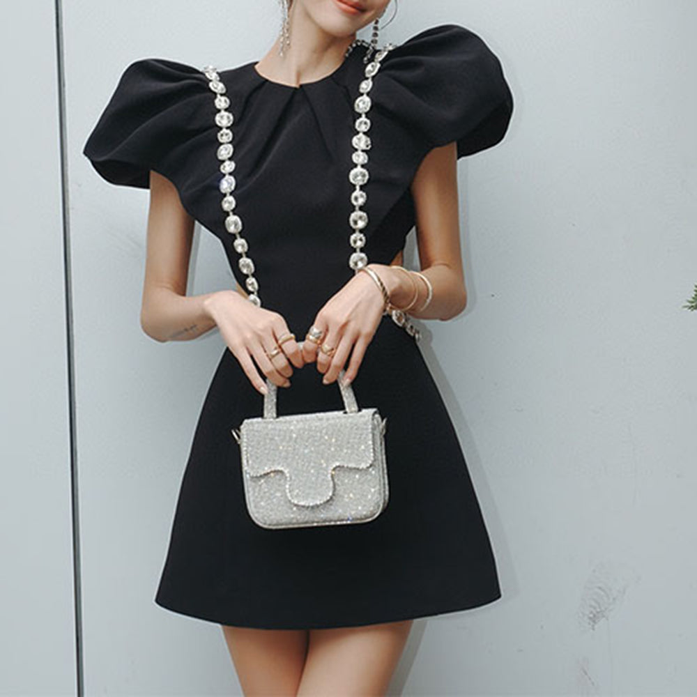 Diamante Puff Sleeves Mini Dress