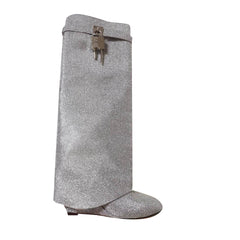 Diamante Lock Detailed Wedged Heel Knee High Boots