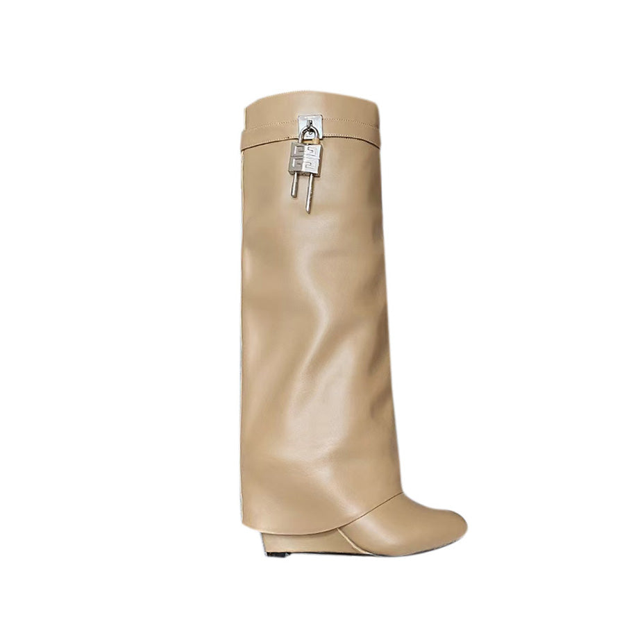 Lock Detailed Leather Wedged Heel Knee High Boots
