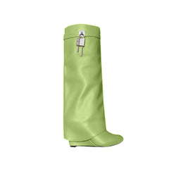 Lock Detailed Leather Wedged Heel Knee High Boots
